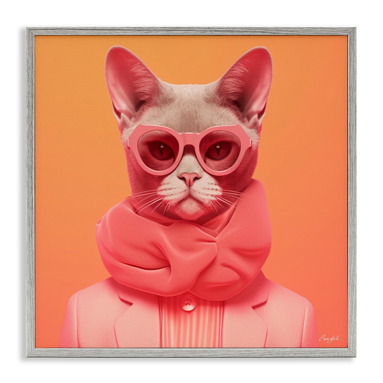 Stupell Industries Retro Glasses Cat on Orange Framed Giclee, design by Roozbeh